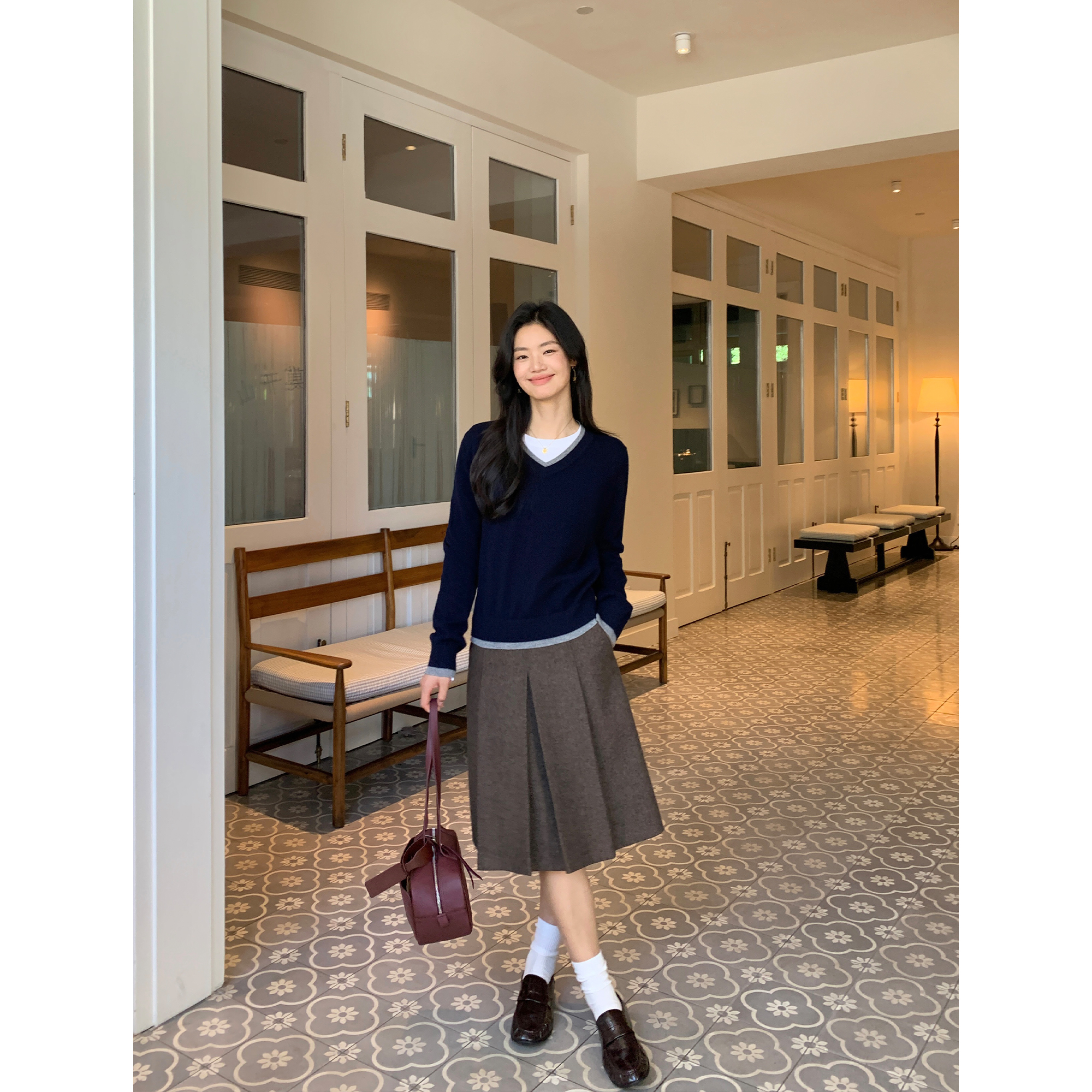 反转魅力棕色毛呢高腰A字半裙