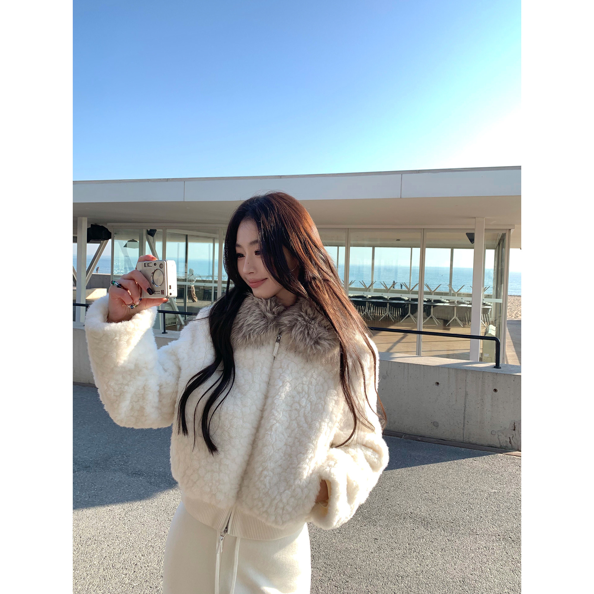 pusumede 绒间星迹 短款羊羔毛绒仿皮草女冬季软糯保暖大毛领外套