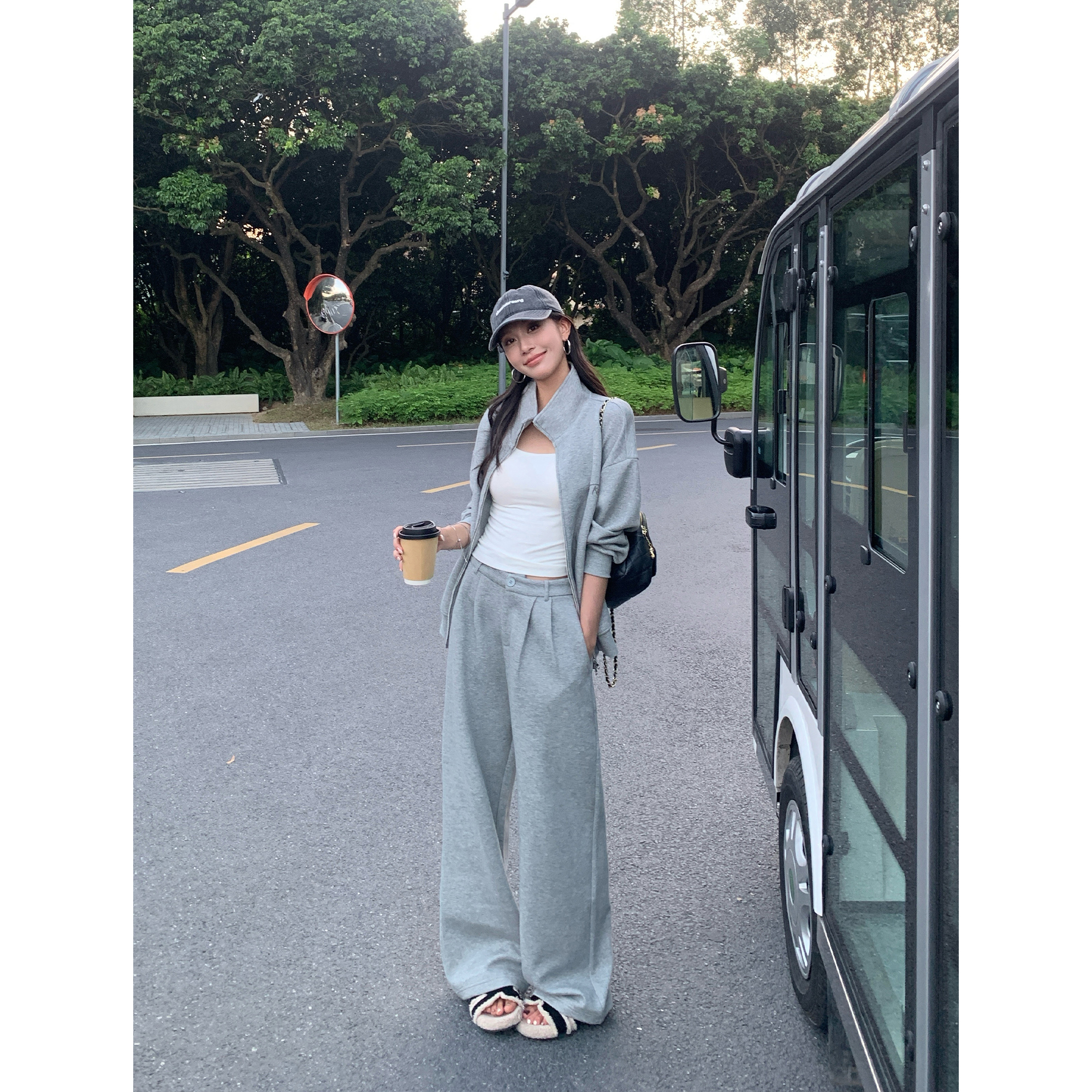 pusumede 松弛主义 美式立领拉链卫衣外套女+宽松休闲裤运动套装