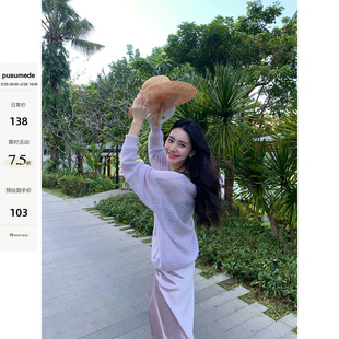 pusumede两穿斜肩微透针织衫 小众上衣 女温柔气质宽松慵懒防晒罩衫