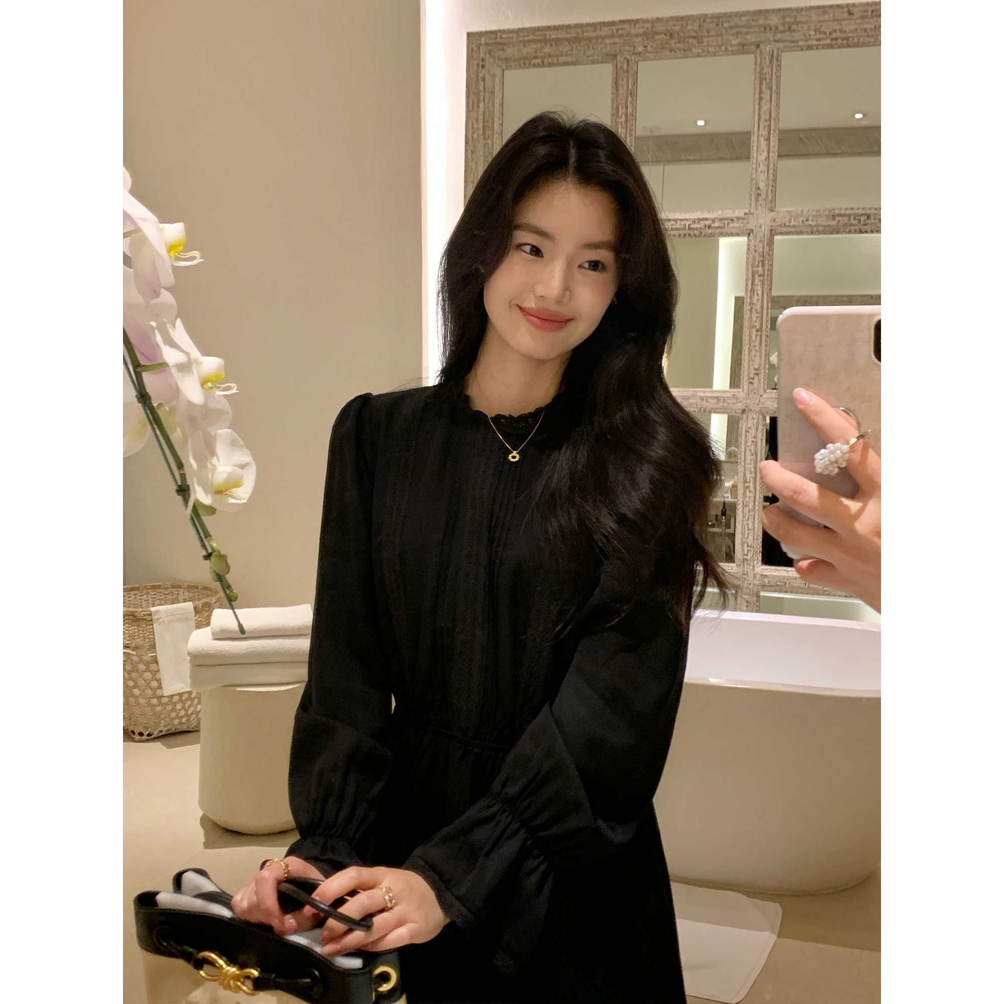 黑色法式长袖连衣裙女蕾丝花边