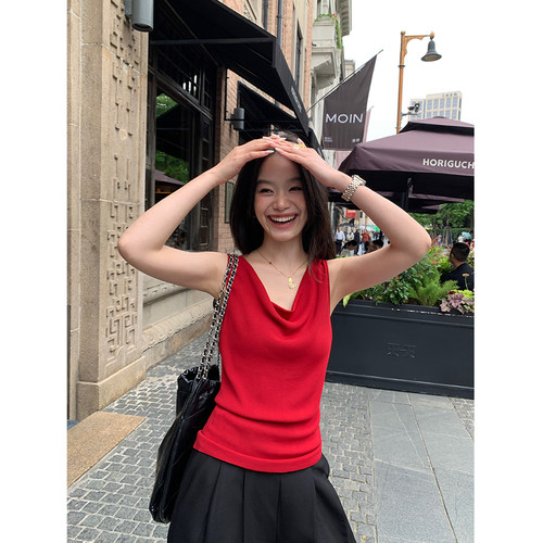 pusumede 极简韵调 荡领吊带背心女夏外穿气质无袖针织T恤上衣