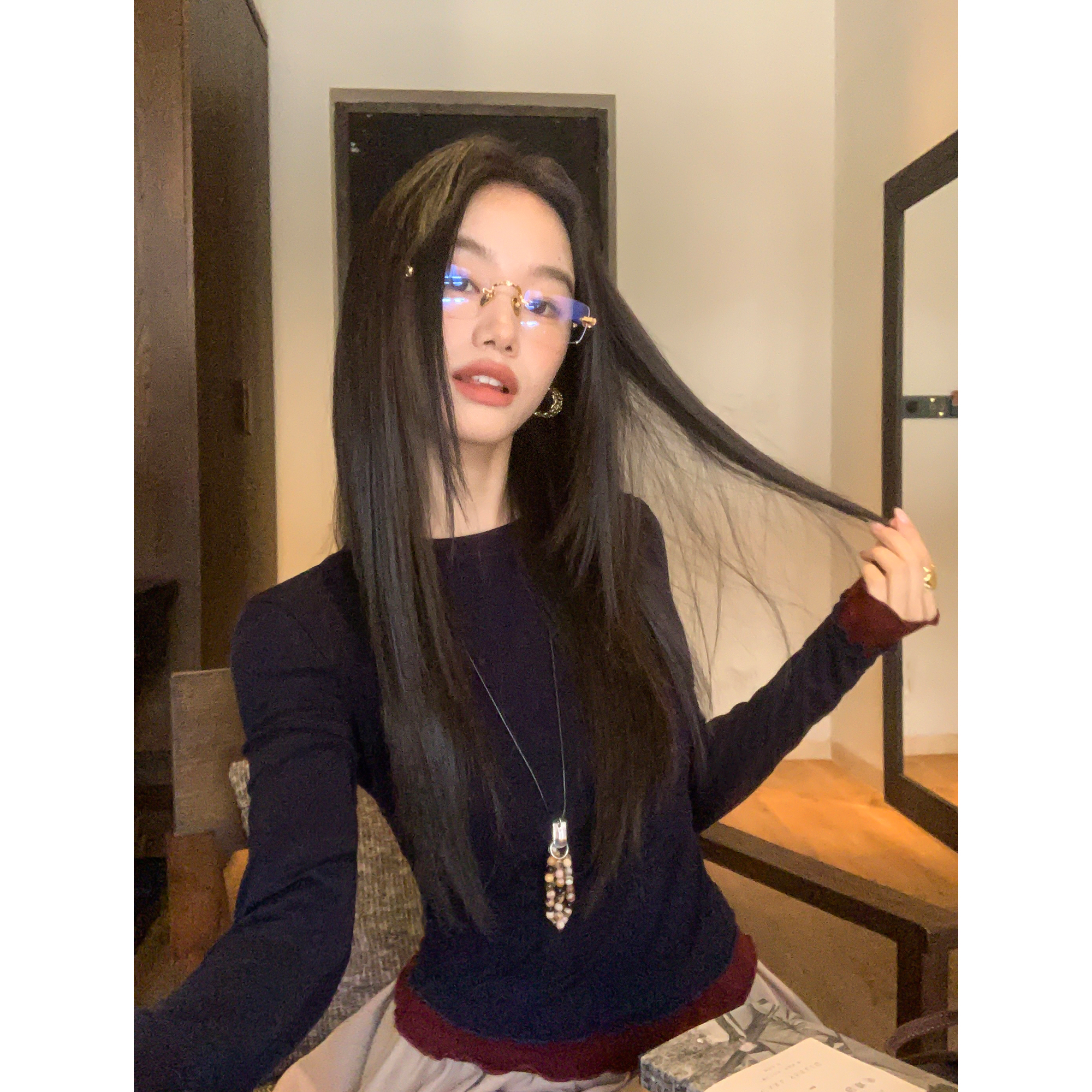 pusumede 百搭哲学 撞色拼接木耳边针织衫女修身显瘦打底内搭上衣