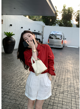 pusumede 极简高智 老钱1OO亚麻长袖衬衫女慵懒松弛感休闲上衣