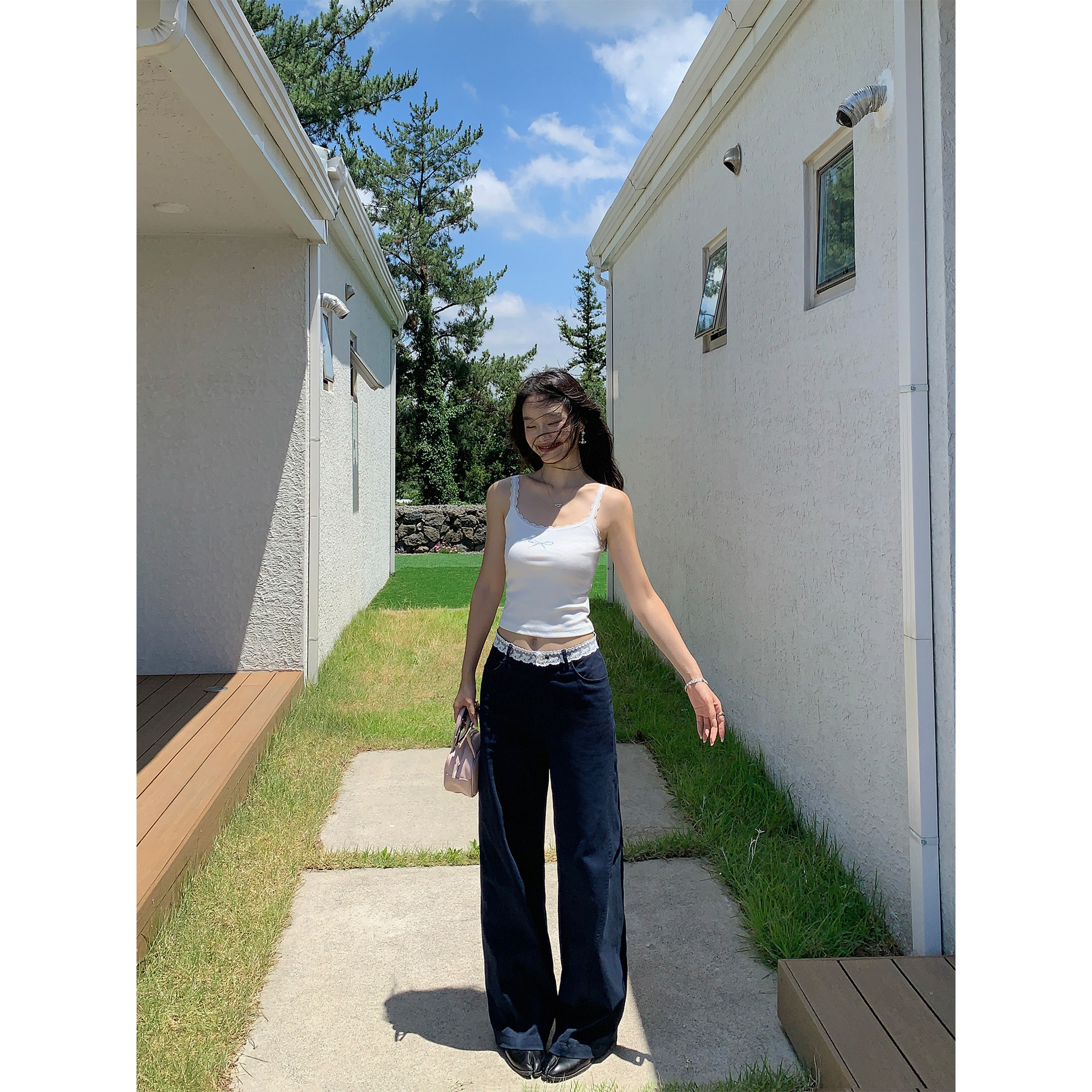 pusumede 直腿计划 卡其色阔腿休闲裤女蕾丝拼接垂感宽松直筒长裤