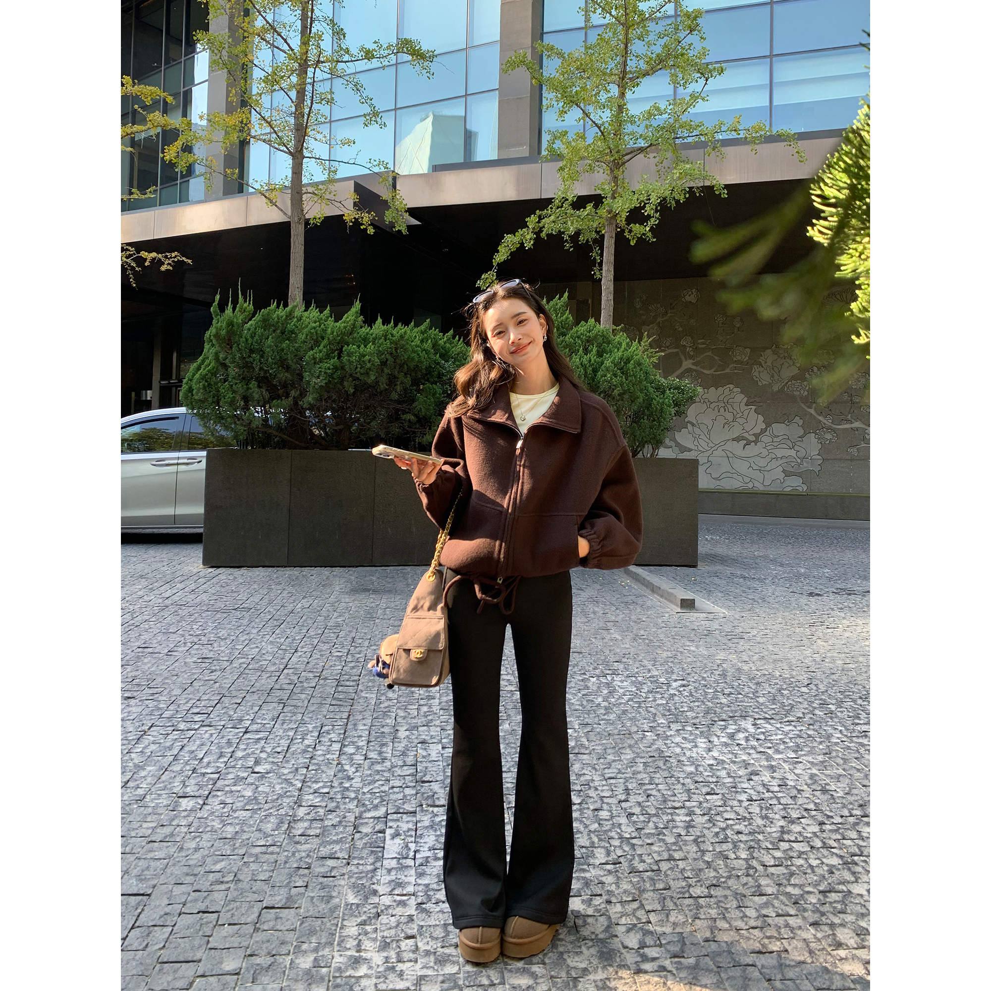 pusumede 冬日腿精 黑色高腰微喇休闲裤女弹力显瘦薄绒直筒喇叭裤