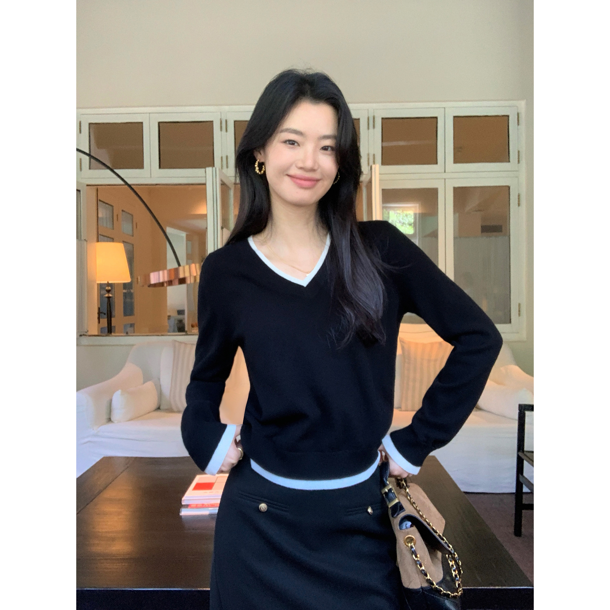 pusumede 留学笔记 100%羊毛V领撞色针织衫女宽松长袖慵懒风上衣
