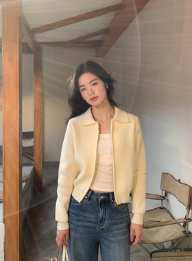 pusumede双拉链设计 翻领针织开衫女短款毛衣外套气质长袖上衣