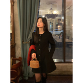 法式 pusumede 黑色高级感小香风连衣裙女新款 圆领收腰气质裙子