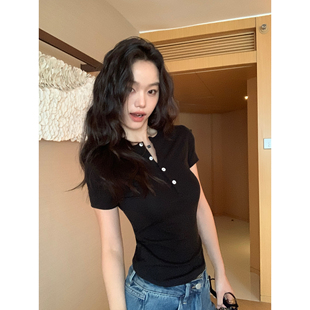 pusumede云朵感tee｜莱赛尔亨利领短袖 弹力针织上衣 t恤女正肩修身