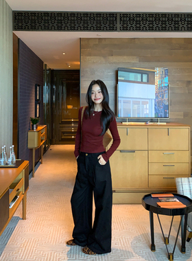 pusumede 极简街头 黑色高腰垂感阔腿裤女宽松休闲直筒拖地长裤