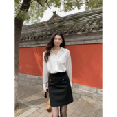 pusumede 现货6.5折 复古黑色毛呢半身短裙女气质高腰A字包臀裙