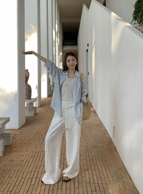 pusumede慵懒1OO亚麻阔腿休闲裤女复古度假风直筒裤子松弛感长裤