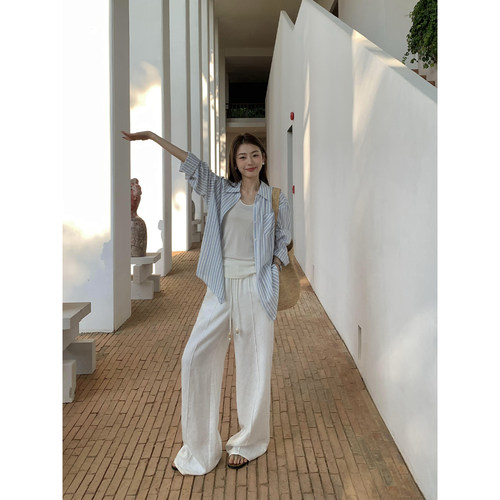 100%亚麻阔腿休闲裤女复古度假风