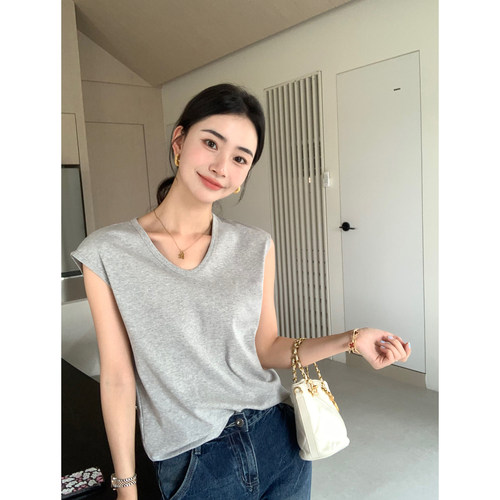 pusumede 休闲ins风 V领短袖T恤女基础宽松百搭小飞袖针织上衣