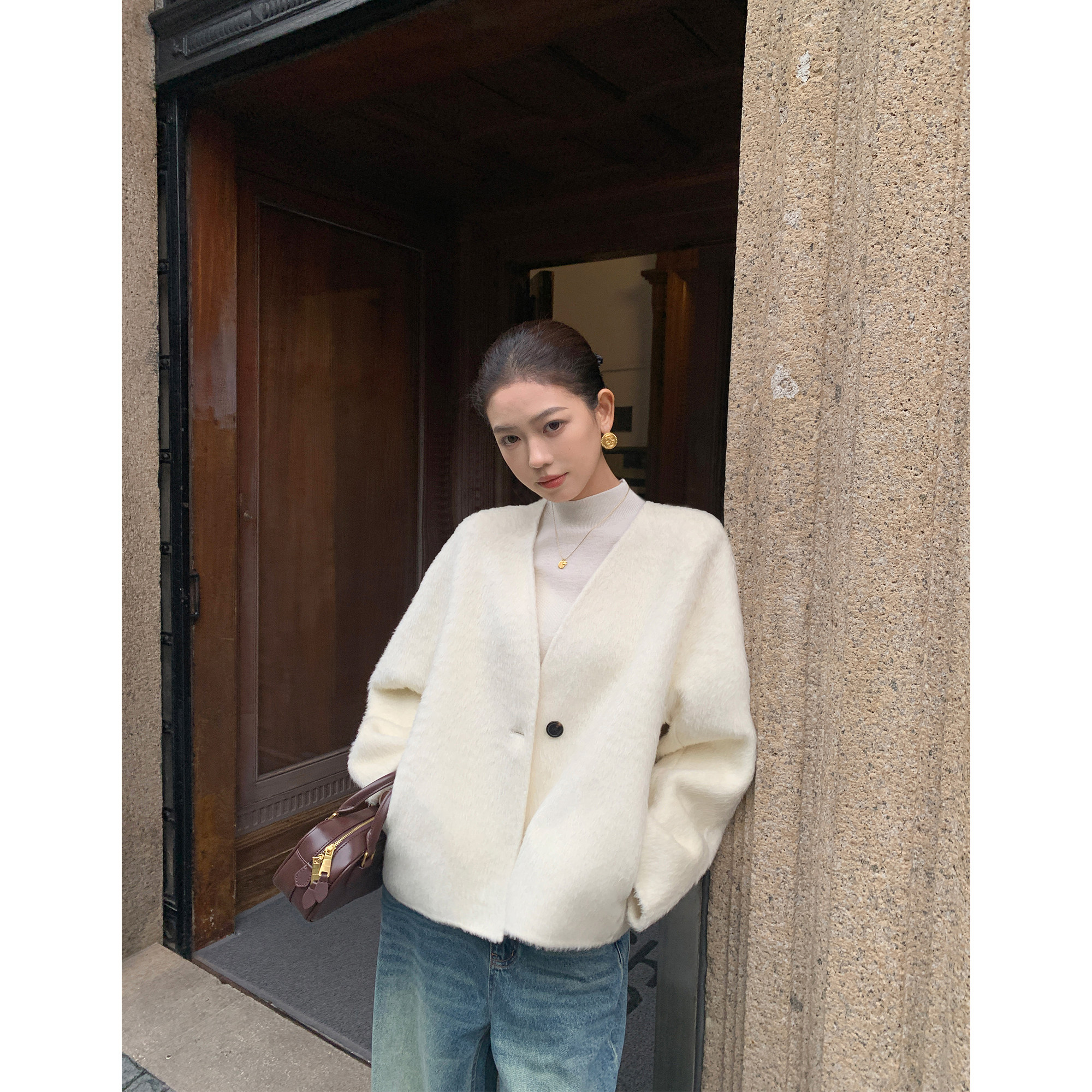 pusumede【现货7.5折】V领羊毛双面呢外套女气质保暖短款毛呢大衣,女装/女士精品,毛呢外套,淘宝优惠券,粉丝福利购,淘宝优惠卷