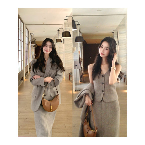 pusumede 老钱世家 高级感羊毛西装外套女马甲半身裙通勤三件套