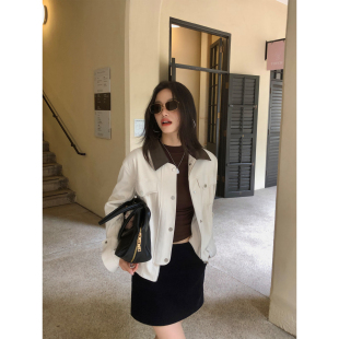 pusumede 撞色POLO领麂皮外套女复古休闲宽松夹克上衣 柏林落日