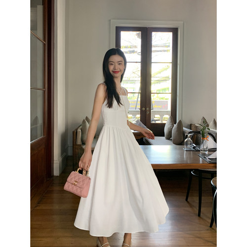 pusumede 气质白色连衣裙女长款吊带裙夏季收腰显瘦A字裙背心裙子