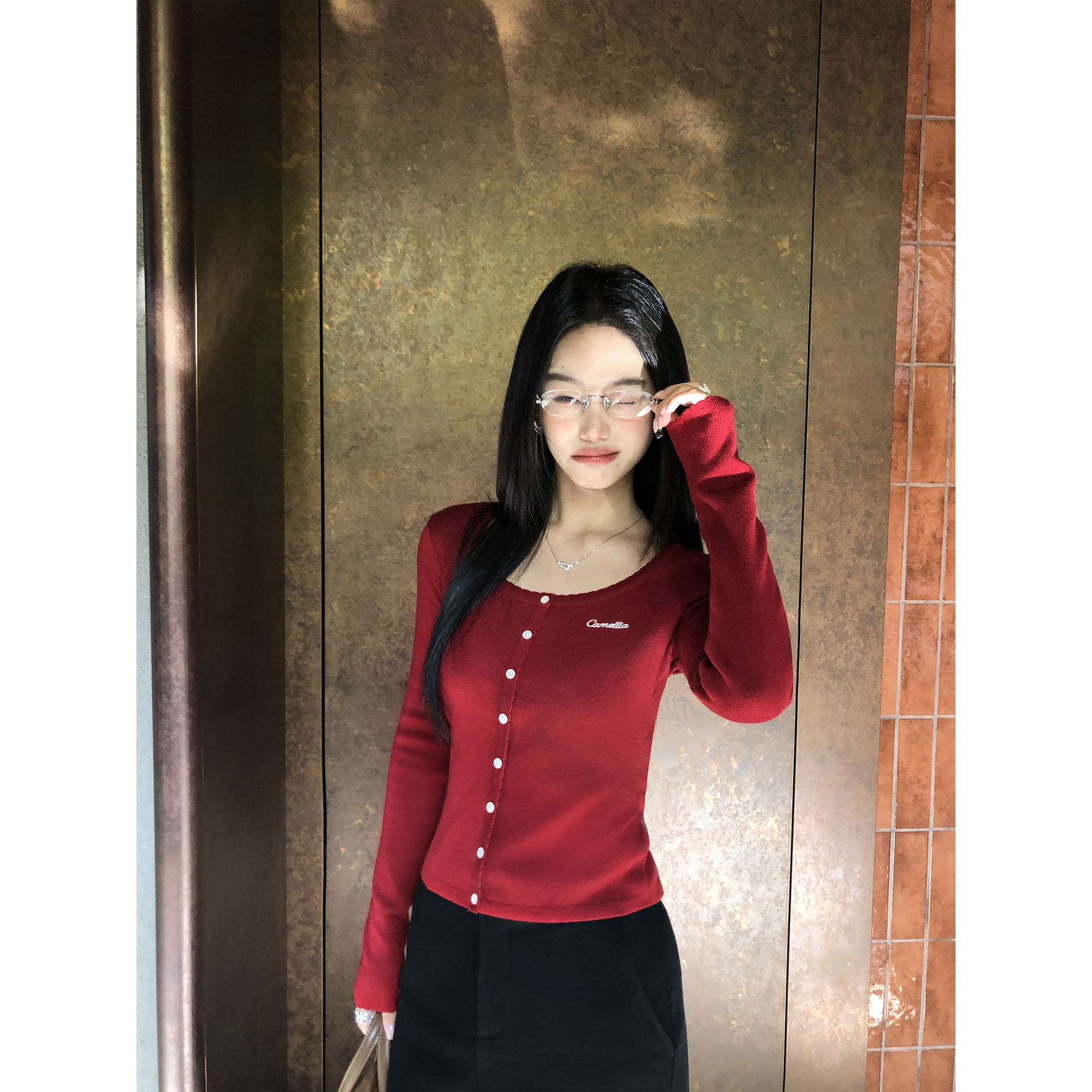 pusumede 温文尔雅 设计感花边针织开衫女气质修身内搭长袖上衣