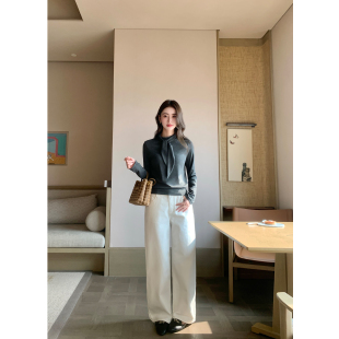 女休闲宽松显瘦阔腿长裤 白色低腰弯刀牛仔裤 冬日调性 pusumede