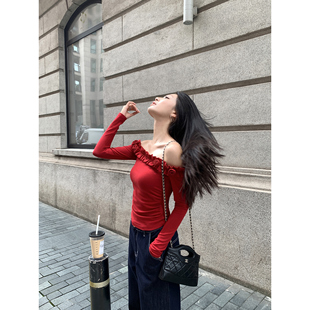 T恤女设计感露肩修身 一字肩长袖 气质针织上衣 立体玫瑰 pusumede