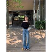 女气质宽松猫须直筒阔腿长裤 水洗斜纹牛仔裤 流光蓝屿 pusumede