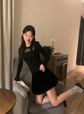 pusumede黑色长袖针织衫女春季蝴蝶结设计感修身上衣花苞短裙套装