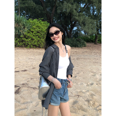 pusumede经典黑白格子衬衫外套女设计感小众衬衣宽松气质休闲上衣