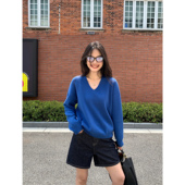 针织衫 套头V领毛衣女长袖 气质宽松慵懒上衣 普鲁士蓝 pusumede