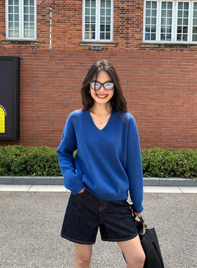 pusumede 普鲁士蓝 套头V领毛衣女长袖针织衫气质宽松慵懒上衣