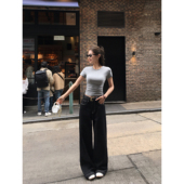 休闲拖地长裤 pusumede 女高腰显瘦直筒裤 黑色阔腿牛仔裤 撞色压线