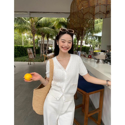 短袖针织上衣女v领开衫