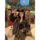 pusumede 翻领皮衣外套女秋冬夹棉加厚拉链夹克上衣 复古废土风