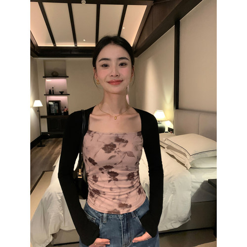 网纱印花拼接假两件针织t恤上衣