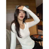 5色可选 优雅u领长袖 针织衫 pusumede 女修身 内搭打底弹力t恤上衣