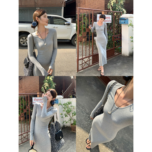 长袖 灰色v领修身 连衣裙女气质包臀鱼尾裙子 现货6折 pusumede