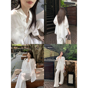 pusumede 云雾轻笼 长袖防晒衬衫女轻薄宽松衬衣气质100%苎麻上衣