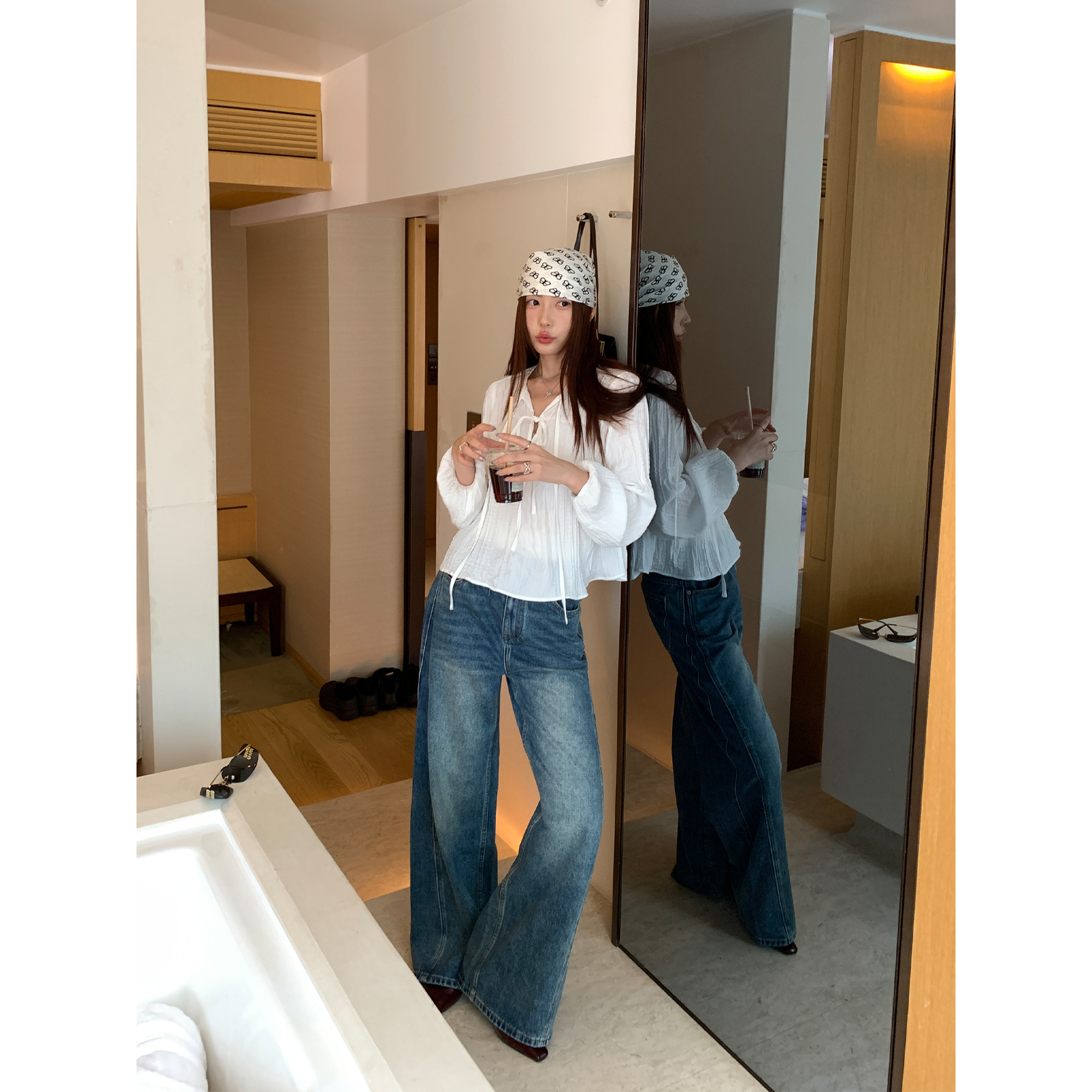 pusumede牛仔裤阔腿裤休闲长裤