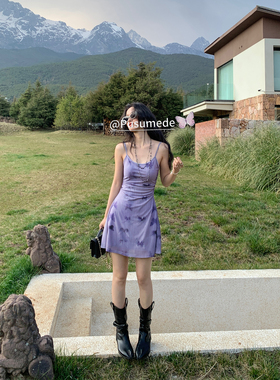 pusumede 水墨蝶影 紫色蝴蝶印花网纱吊带连衣裙女设计感收腰短裙