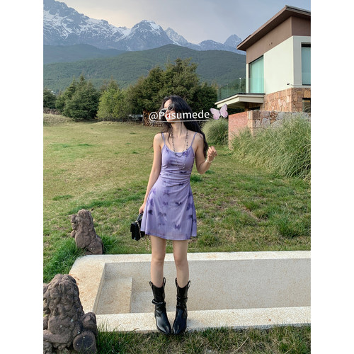 pusumede 水墨蝶影 紫色蝴蝶印花网纱吊带连衣裙女设计感收腰短裙
