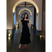 pusumede 黑色高级感一字肩连衣裙女夏法式 气质收腰显瘦露肩长裙