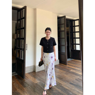 pusumede 印花缎面半身裙女垂感长裙a字碎花裙 现货6.5折