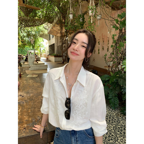 莱赛尔亚麻绣花衬衫防晒长袖衬衣