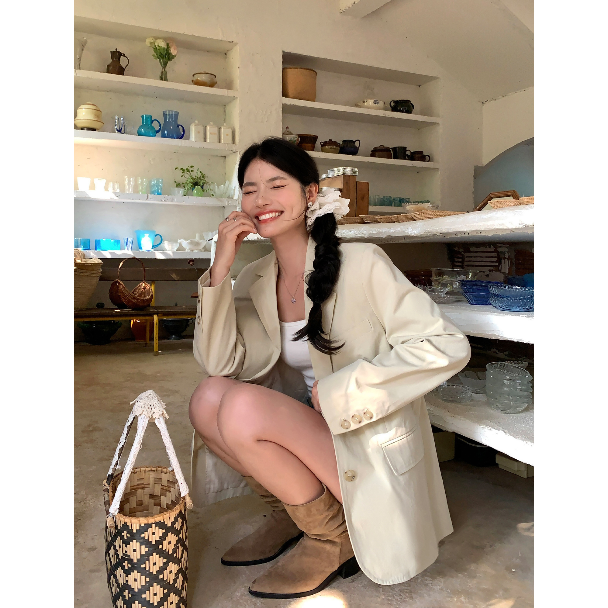 杏色复古西装外套女新款高级感