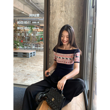 pusumede鬼马少女|费尔岛提花一字肩针织衫女设计感修身短袖上衣