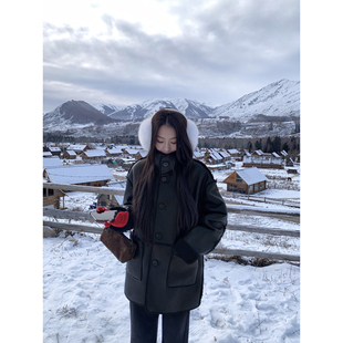 pusumede【现货6.5折】仿皮毛一体立领外套女两面穿宽松皮衣