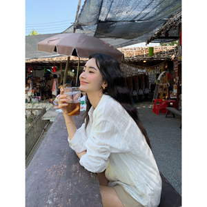 pusumede白色条纹长袖衬衫女设计感外搭防晒衬衣宽松薄款气质上衣