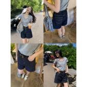 宽松显瘦休闲百搭阔腿a字热裤 女夏新款 高腰复古牛仔短裤 pusumede