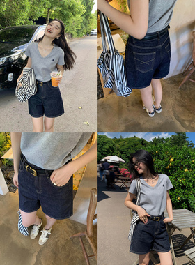 pusumede 高腰复古牛仔短裤女夏新款宽松显瘦休闲百搭阔腿a字热裤